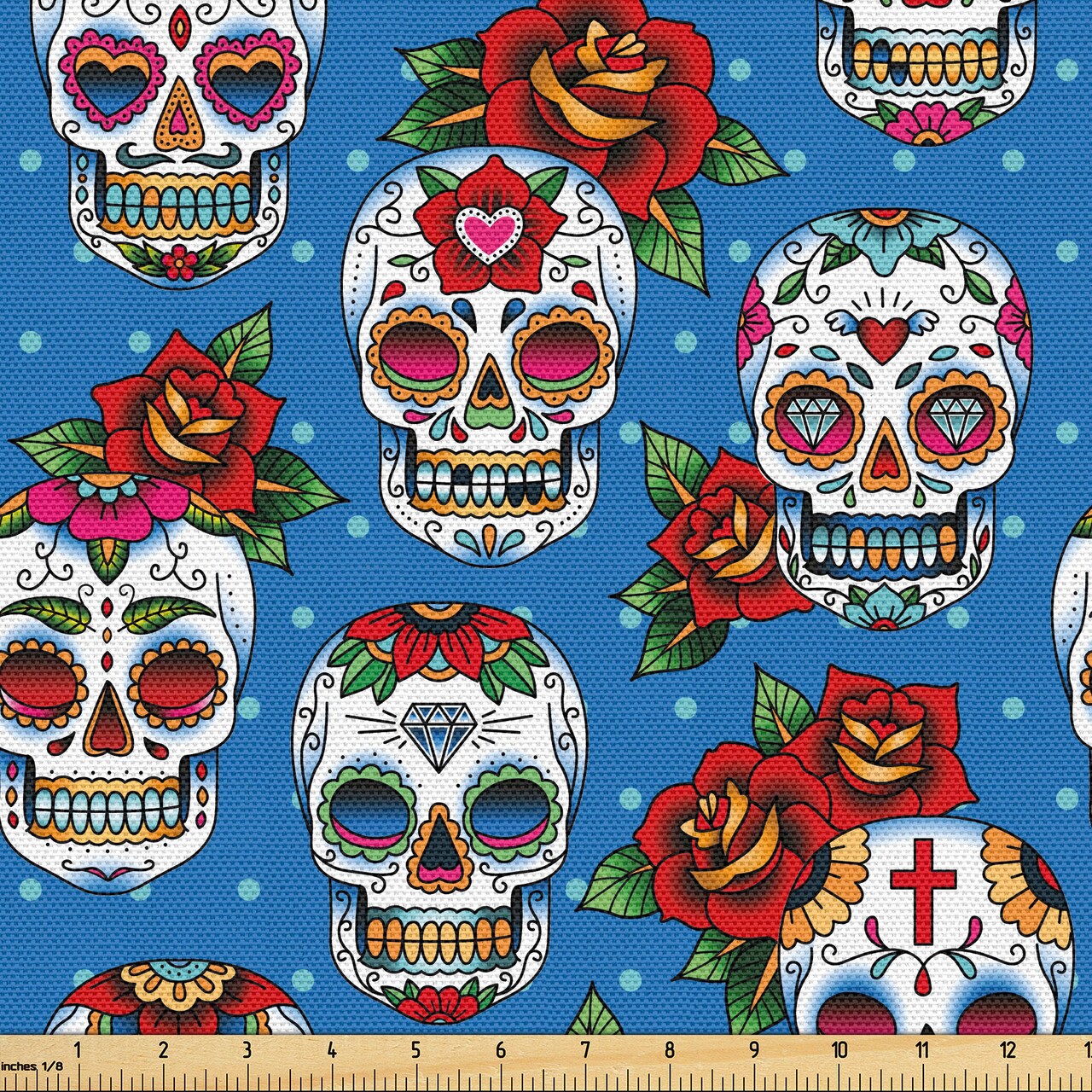 Ambesonne Sugar Skull Fabric by The Yard, Retro Style Mexican Cultural Pattern on Polka Dots Rose Bouquets Skeletons, Decorative Fabric for Upholstery and Home Accents, 3 Yards, Sea Blue